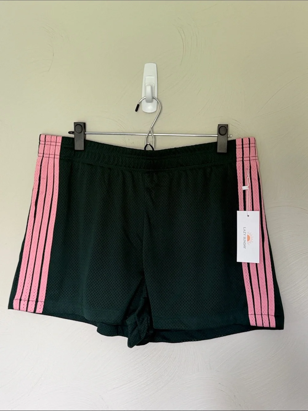 Women’s Green Athletic Mesh Shorts with Pink Side Stripes - Casual Performance